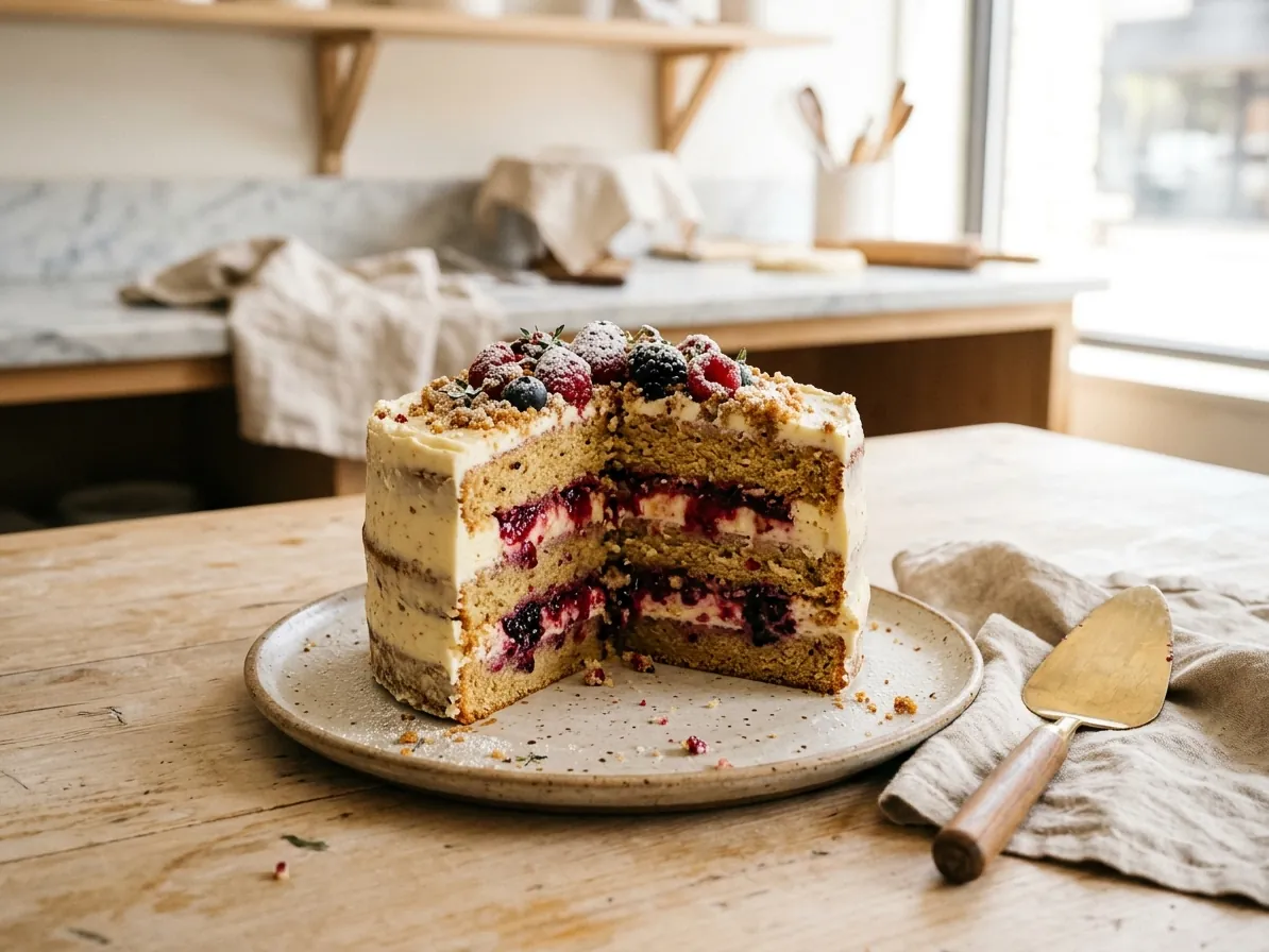 Przekrojony tort z warstwami biszkoptu, kremu i owoców